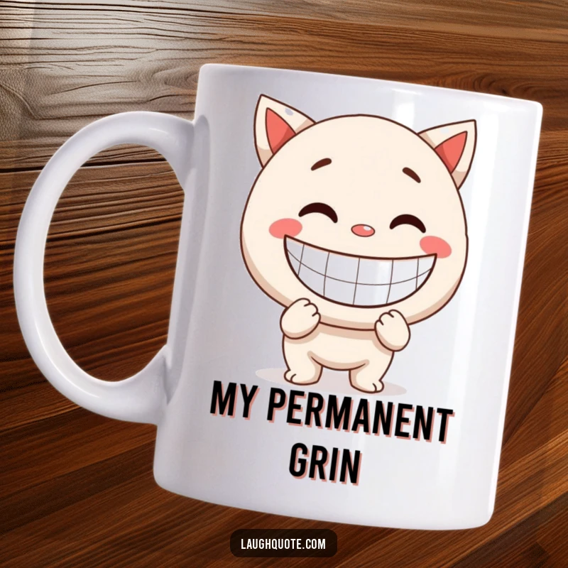 Funny Mug: Character sporting a giant, exaggerated smile, radiating pure unadulterated happiness and good vibes.