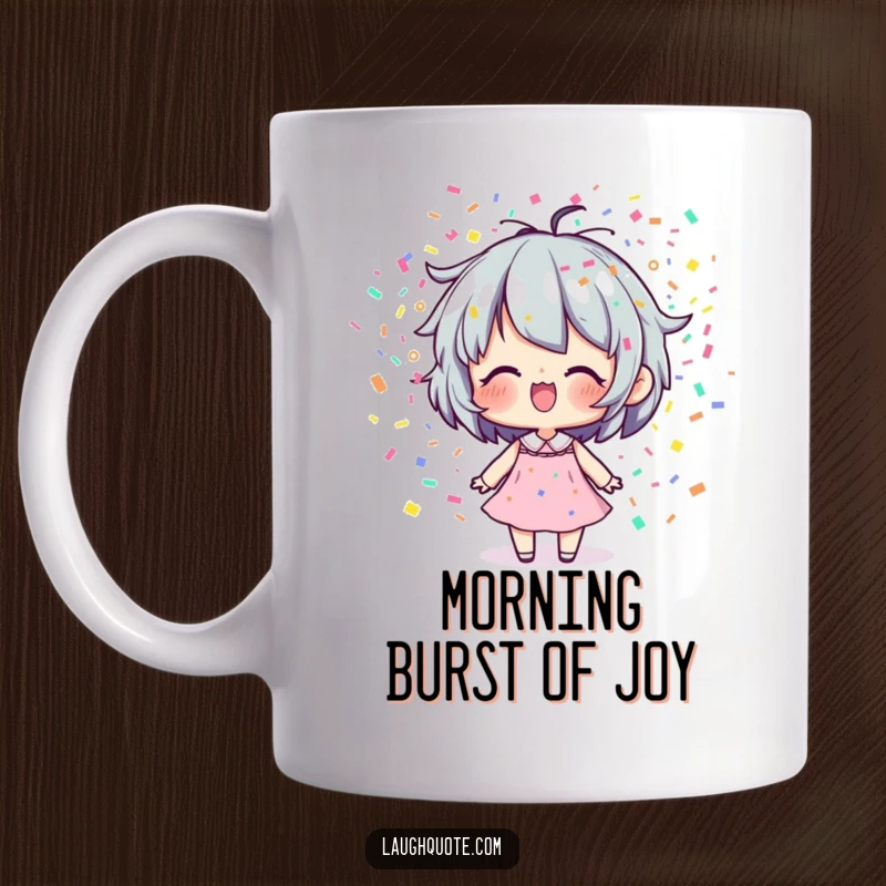 Funny Mug: Character joyfully exhaling a cloud of bright, colorful confetti, spreading happiness and celebration.