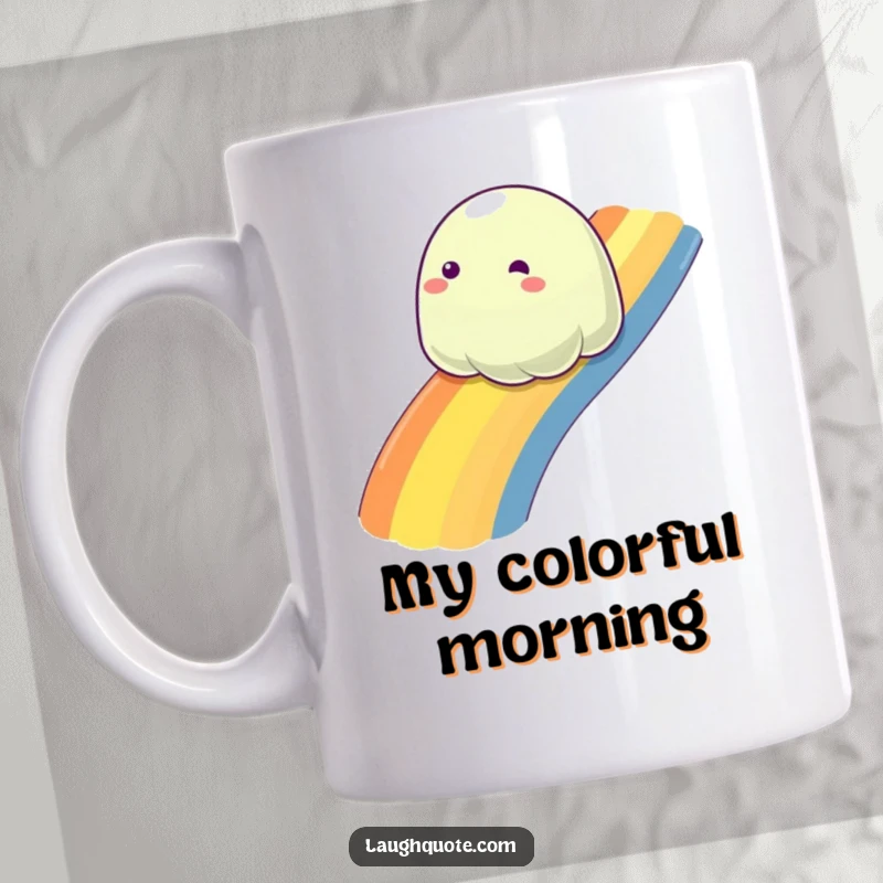Funny sentient slime blob joyfully sliding down a colorful rainbow, a whimsical and happy mug design.