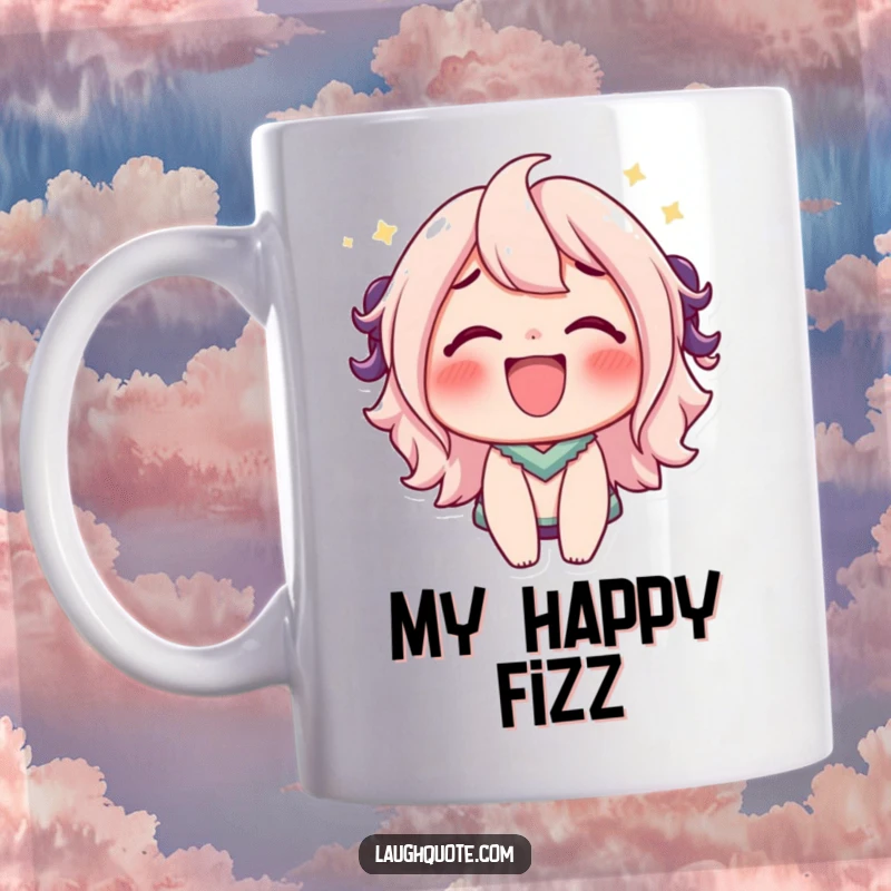Funny mug depicting a character with a bubbly, effervescent laugh, full of joy and delight.