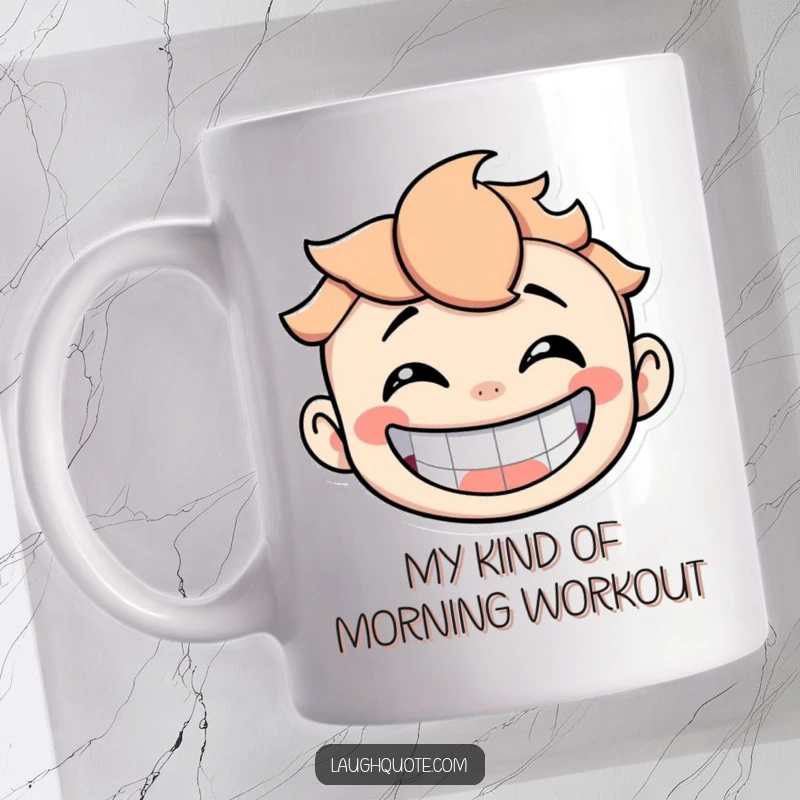 Funny Mug featuring a character with a massive, contagious grin, roaring with laughter and radiating pure happiness.