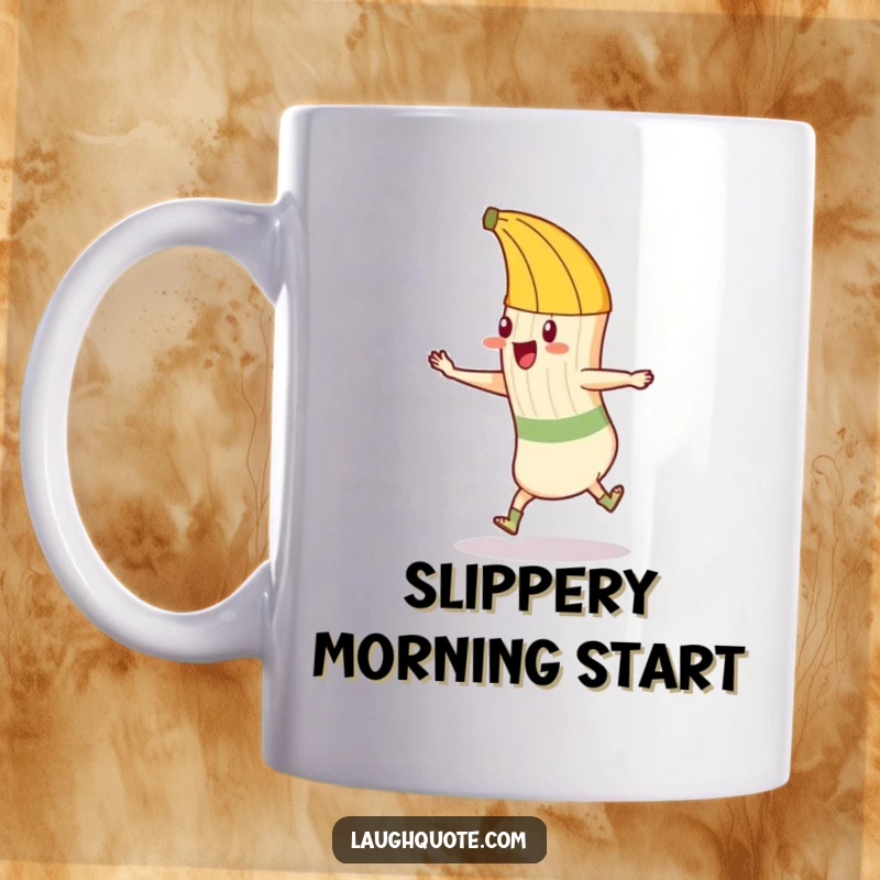 Funny mug with a mischievous banana peel about to trip a sock that is enthusiastically dancing, creating a comical scene.