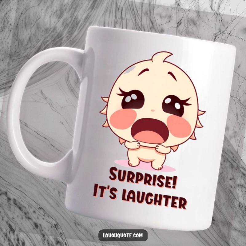 Funny Mug featuring a surprised character with mouth agape, overcome with sudden, uncontrollable laughter, pure comedic shock.