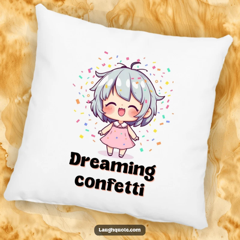 Funny Pillow: Soft cushion featuring a character releasing a joyful stream of colorful confetti, perfect for festive comfort.