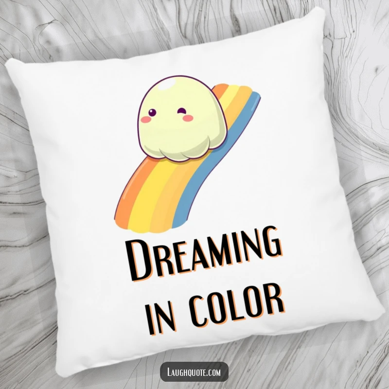 Funny slime blob sliding down a rainbow, a soft and humorous pillow for comfort and decor.