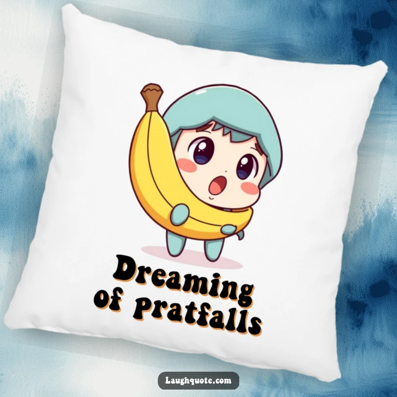 Funny pillow featuring a character looking surprised at a banana peel, with a dawning expression of amusement, perfect for cozy humor.