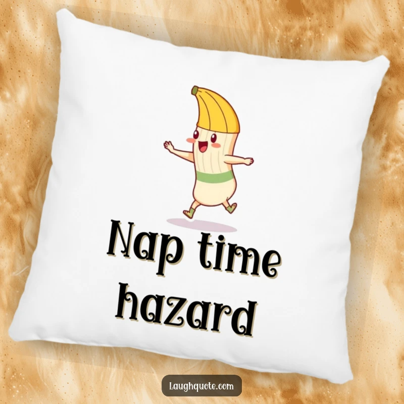Funny pillow with a mischievous banana peel about to trip a dancing sock, adding a touch of slapstick humor.