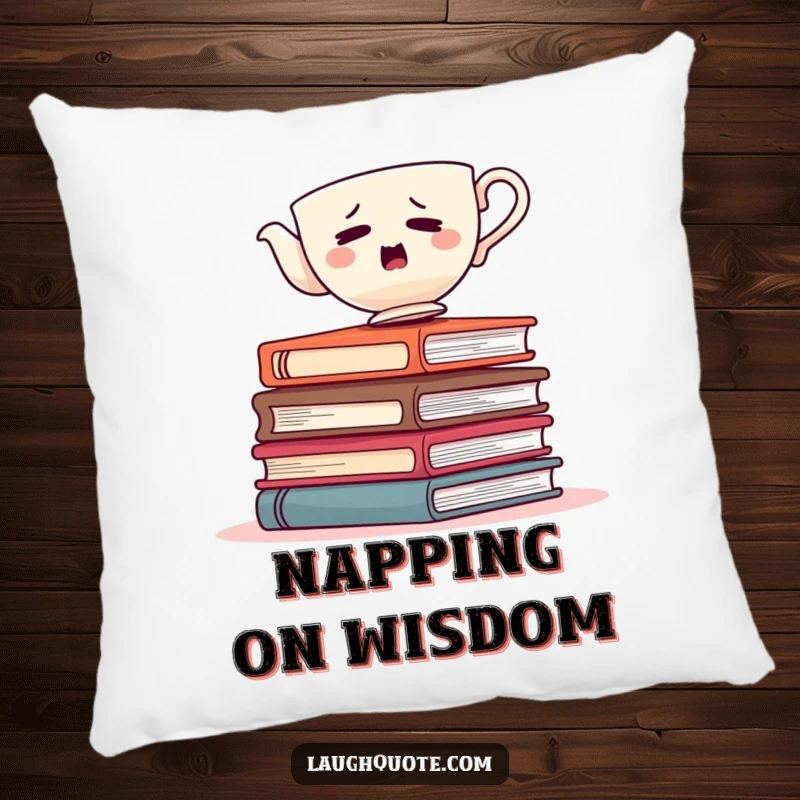 Funny teacup wobbling on books, a soft and humorous pillow for comfort and decoration.