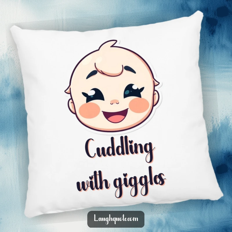 Funny Pillow showcasing a cheerful character with crinkled eyes letting out a happy giggle, a soft and amusing accent.
