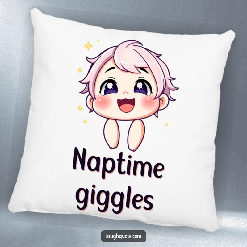 Funny Pillow: Soft cushion featuring a character with sparkling eyes sharing a hearty laugh, offering comfort and humor.