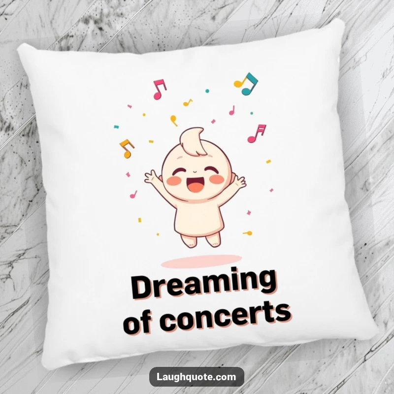 Funny pillow showcasing a happy character joyfully throwing confetti made of musical notes, perfect for festive decor.