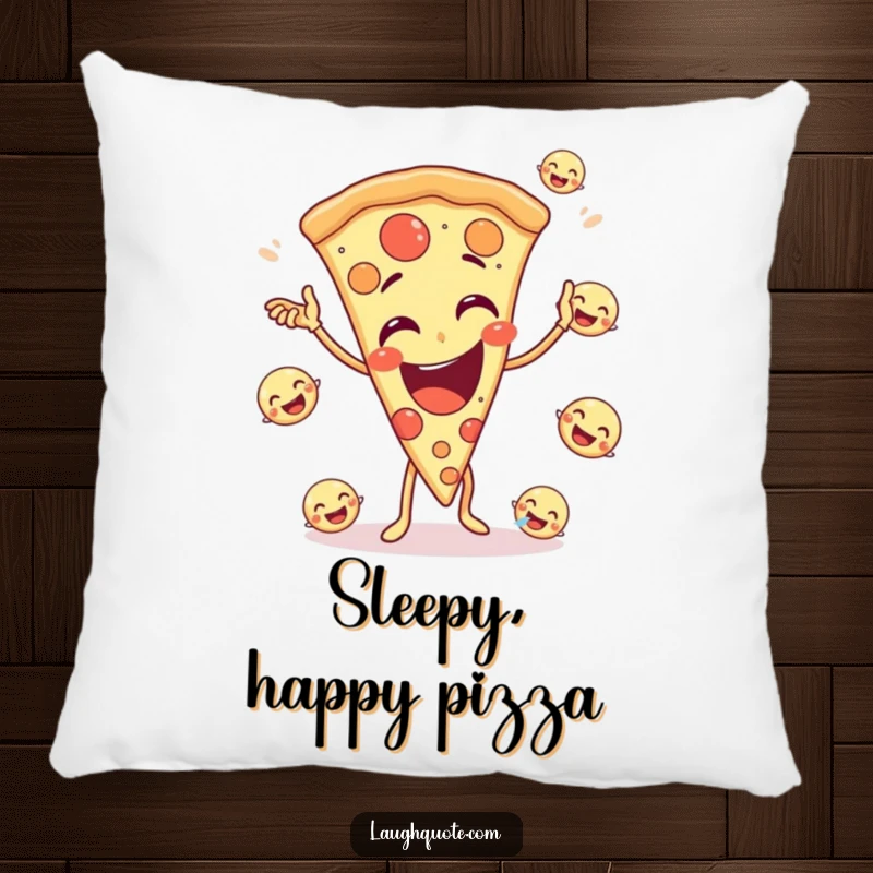 Funny pillow featuring a giggling pizza slice character juggling small, laughing emojis, adding comfort and cheer.