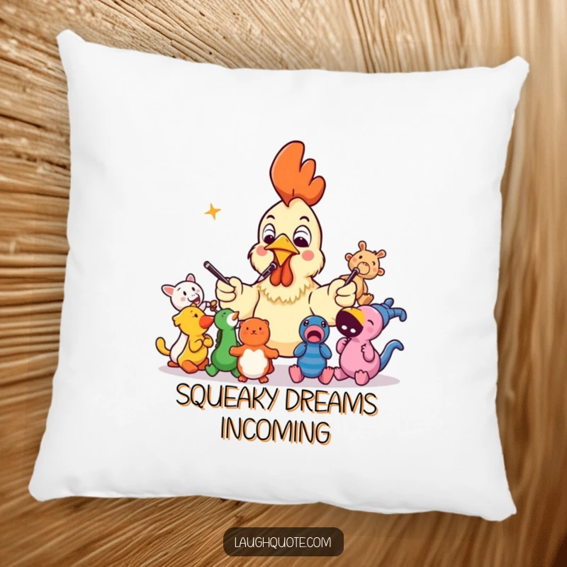 Funny rubber chicken conducting a squeaky toy orchestra, a soft and humorous pillow for comfort and decor.