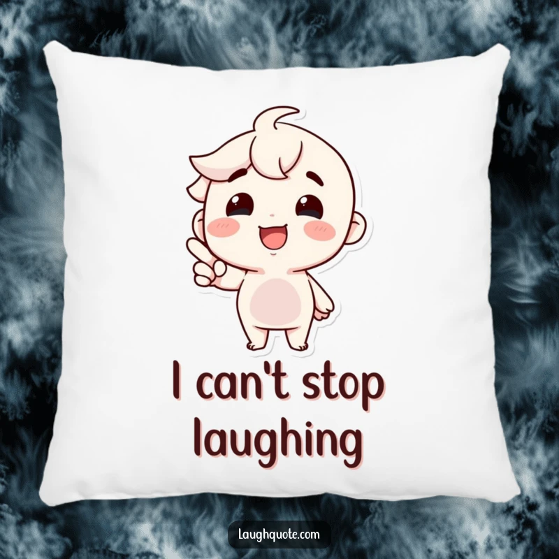 Funny Pillow: A joyful character with an ecstatic smile points at something incredibly funny, bringing warmth and humor.