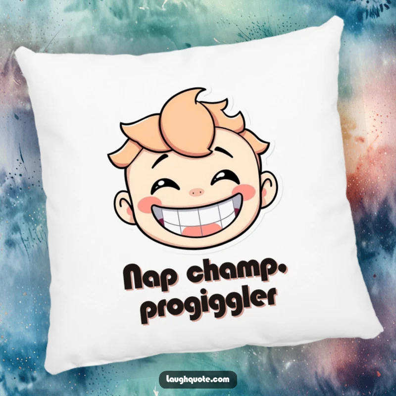 Funny Pillow showcasing a character with a wide, beaming smile, convulsing with hearty, uncontrollable laughter.
