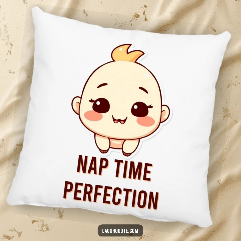 Funny pillow showcasing a contented character with a serene, satisfied expression and a subtle, happy chuckle.
