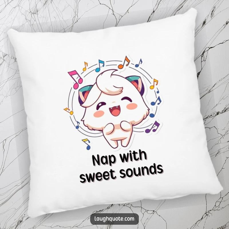 Funny music pillow featuring a cheerful character with a joyful expression and musical notes swirling around its head.