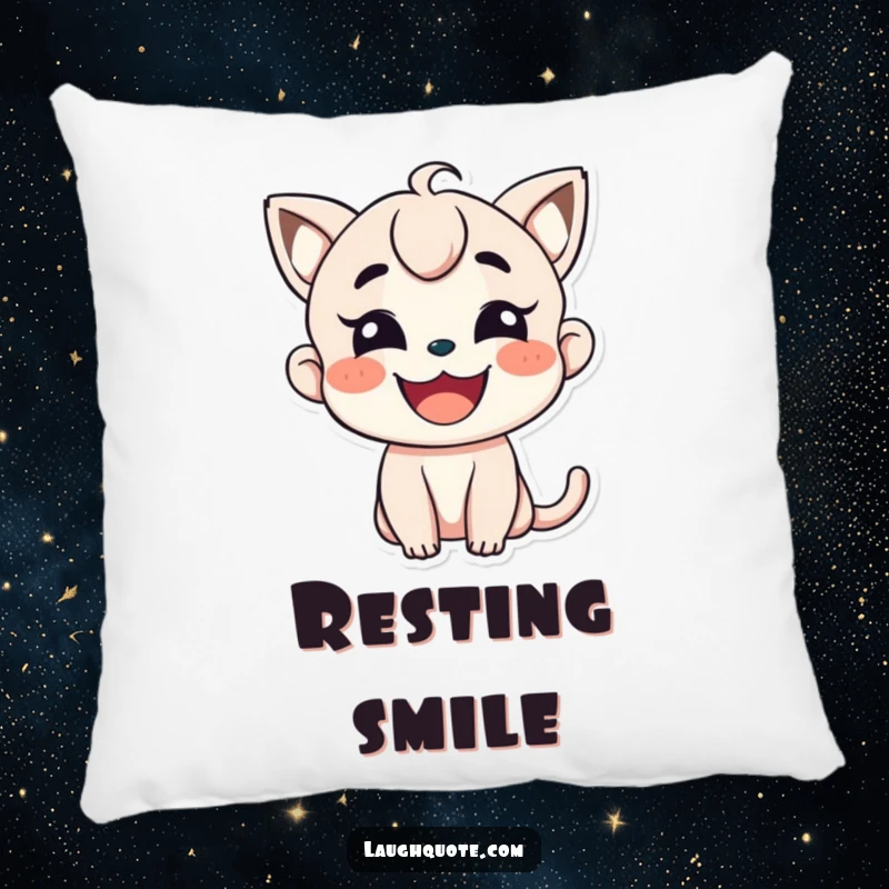 Funny Pillow: A character wears a wide, beaming smile, radiating comfort and happiness.