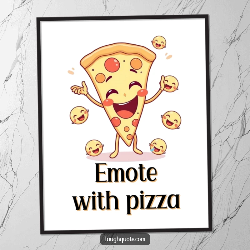 Funny digital art print of a giggling pizza slice character juggling small, laughing emojis, perfect for instant wall decor.