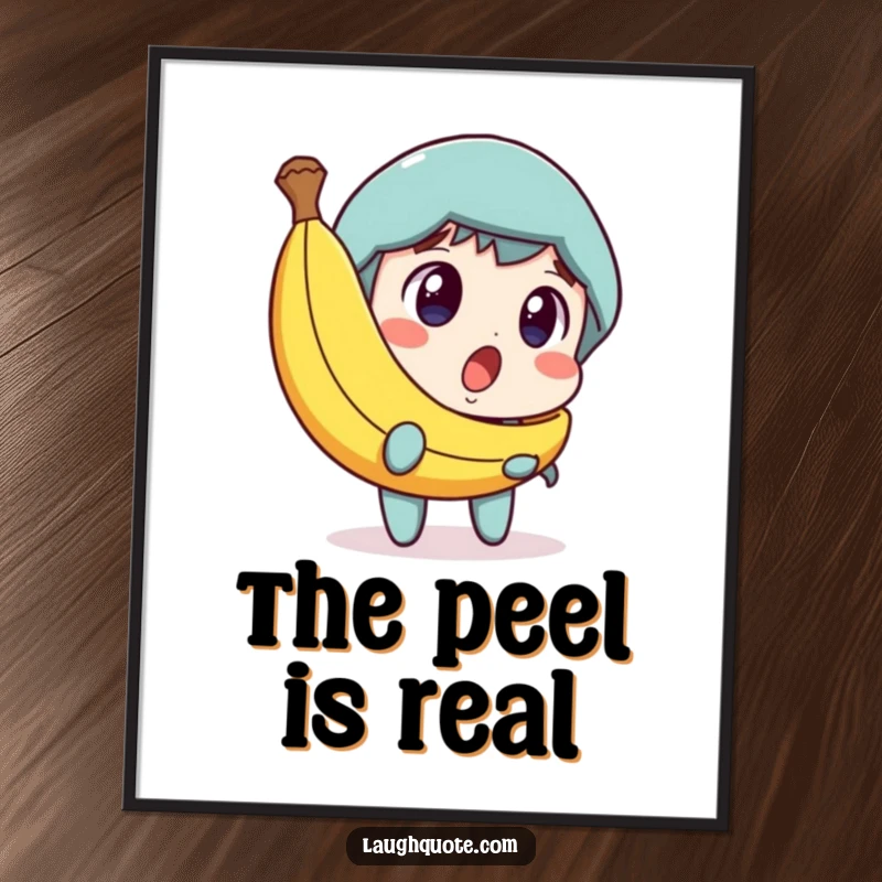 Funny digital art print of a character’s surprised face turning into amusement upon seeing a banana peel, for instant humorous decor.