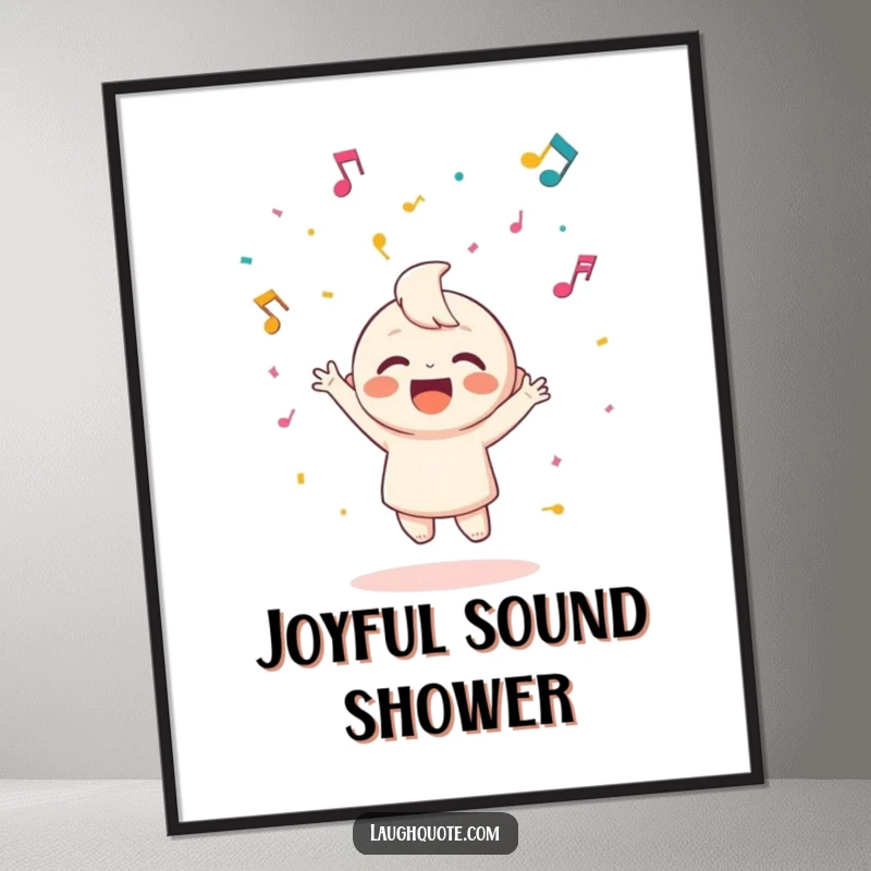 Funny digital art print of a happy character joyfully throwing confetti made of musical notes in celebration.