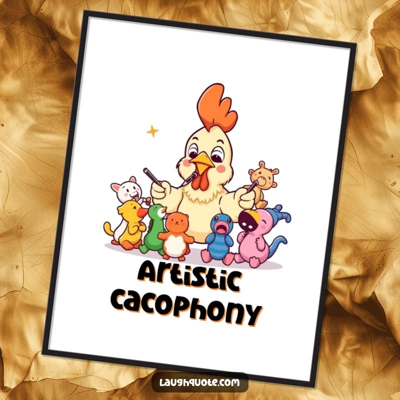 Funny rubber chicken conducting a squeaky toy orchestra, instant download digital art print for humorous decor.
