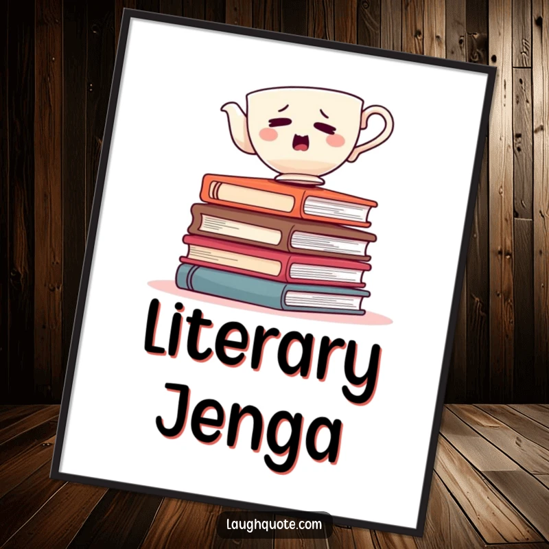 Funny teacup wobbling on a pile of books, instant download digital art print for whimsical decor.