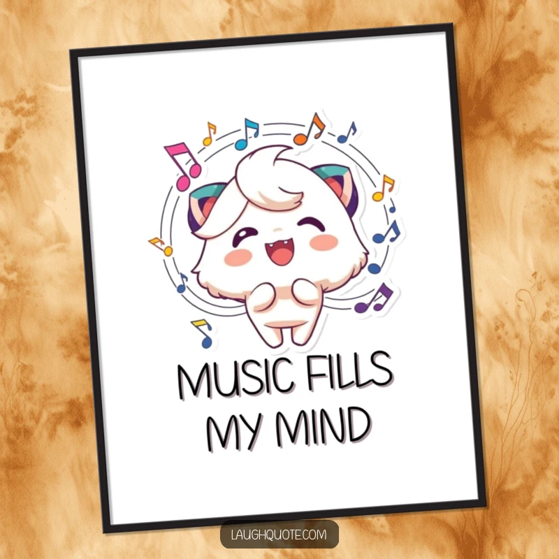 Funny musical character digital art print showcasing a cheerful character with dynamic music notes swirling joyfully.