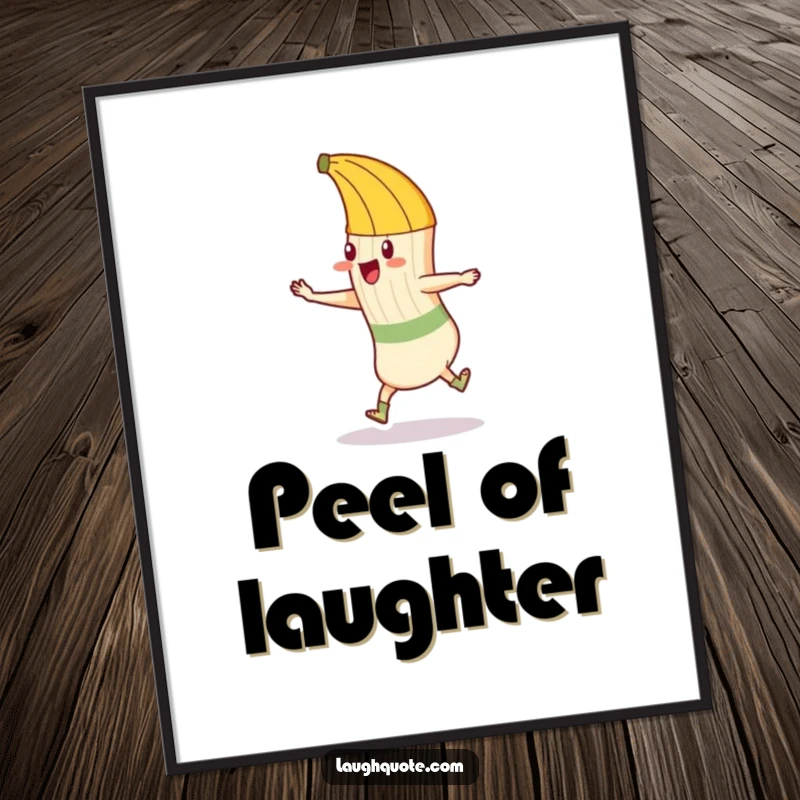 Funny digital art print of a mischievous banana peel attempting to trip a dancing sock, perfect for instant wall decor.