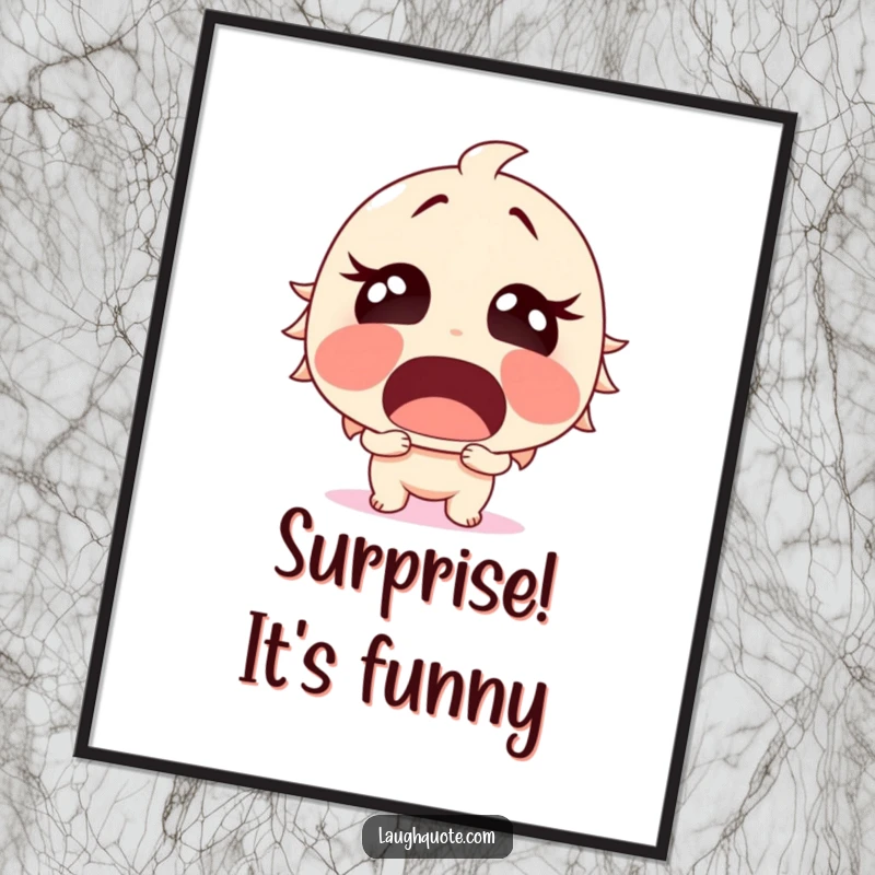 Funny Digital Art Print of a surprised character with mouth agape, erupting in sudden, hilarious laughter for instant impact.