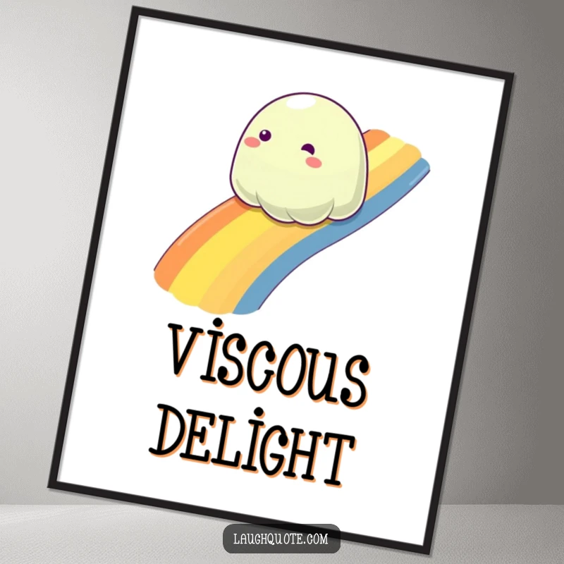 Funny slime blob joyfully sliding down a rainbow, instant download digital art print for vibrant decor.