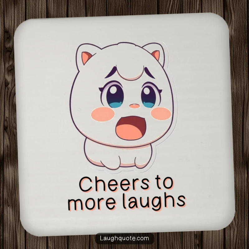 Funny drink coasters featuring a character with wide eyes and open mouth, captured mid-laugh in surprised delight.
