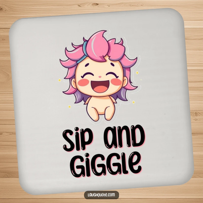 Funny drink coaster set featuring a delighted character bursting with vibrant, colorful laughter, protecting surfaces with a touch of humor and artistic flair.