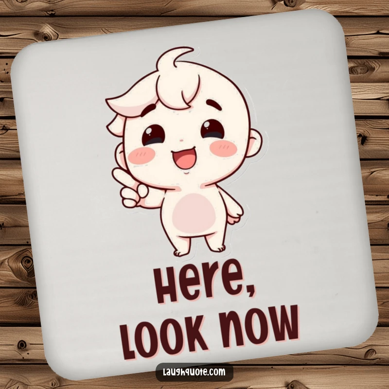 Funny Coasters: A character with a joyful grin points gleefully at a spilled drink, turning a mess into a laugh.