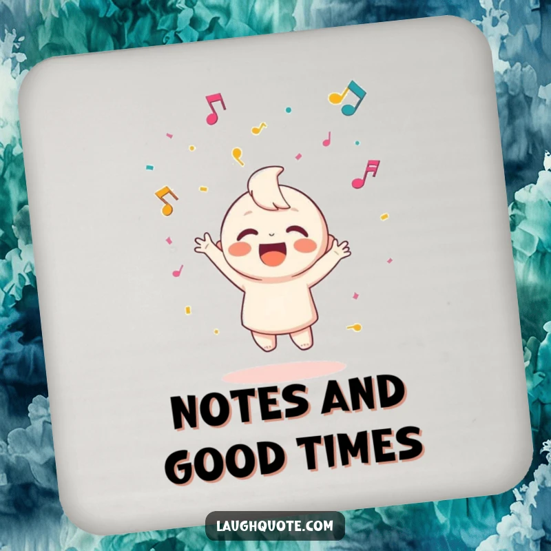 Funny drink coasters featuring a happy character throwing confetti made of musical notes, protecting surfaces stylishly.