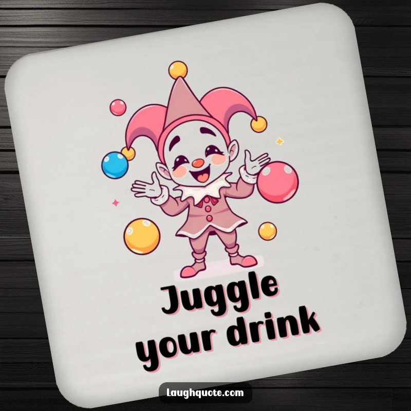Funny Drink Coasters featuring a playful jester juggling sound balls, adding lively charm to tabletops.