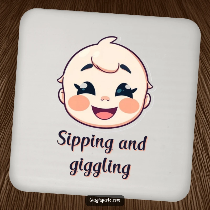 Funny Drink Coaster featuring a cheerfully giggling character with crinkled eyes, adding humor to your table.