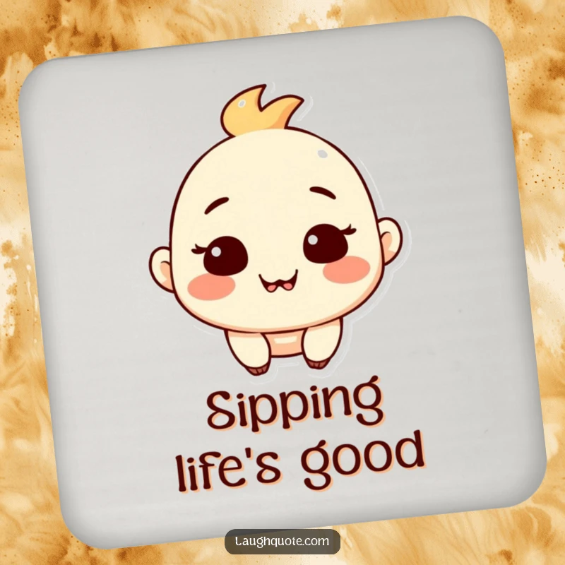 Funny drink coasters featuring a contented character with a satisfied expression and a subtle, happy chuckle.