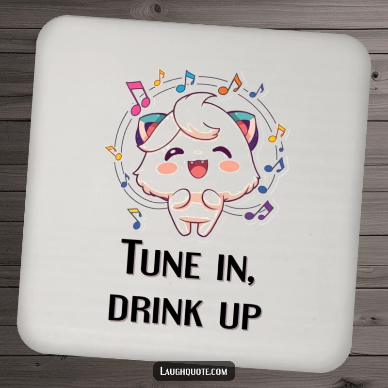 Funny musical character drink coasters depicting a cheerful character with swirling music notes, protecting surfaces stylishly.