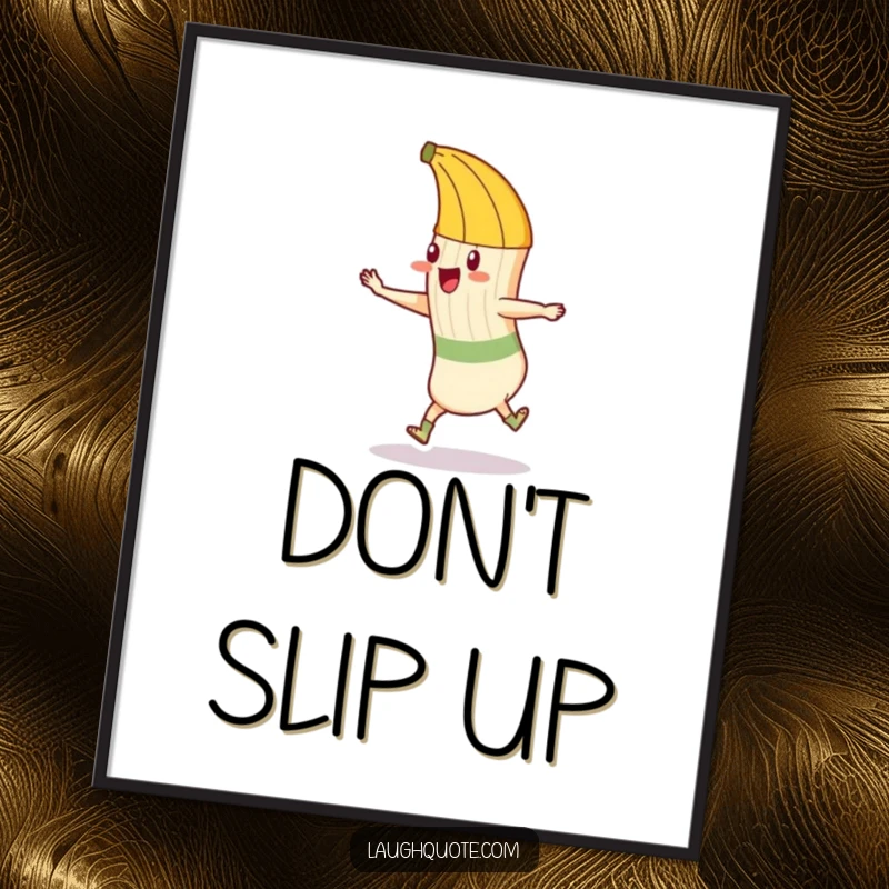 Funny poster featuring a mischievous banana peel poised to trip a dancing sock, capturing a moment of humorous chaos.