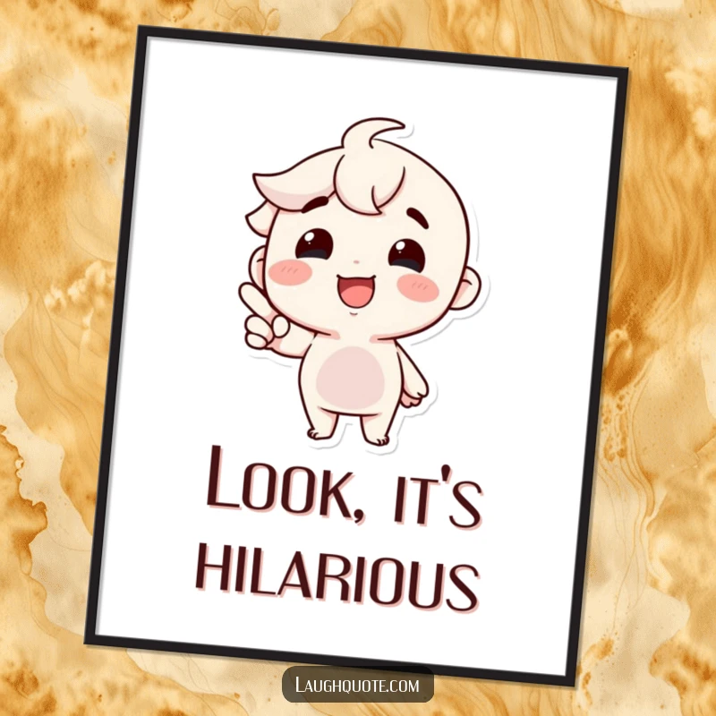 Funny Poster: A happy character with a beaming smile points at an unseen hilarious event, embodying infectious, contagious laughter.