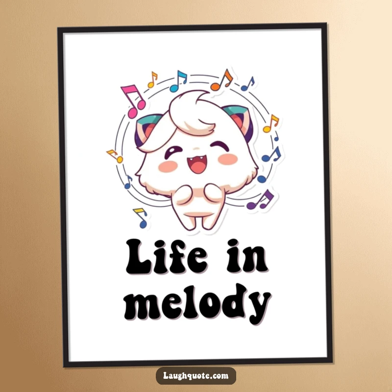 Funny musical character poster displaying a happy figure with dynamic music notes swirling energetically around its head.