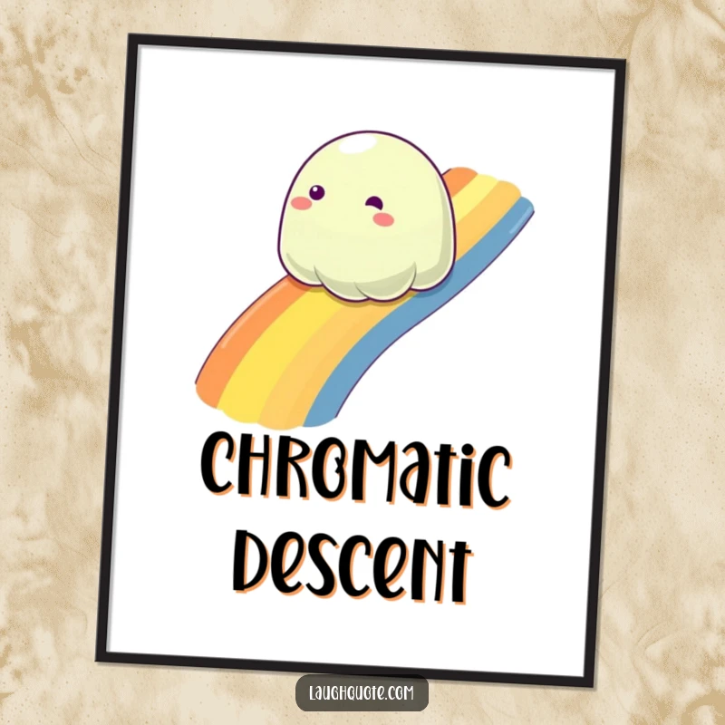 Funny slime blob joyfully sliding down a rainbow, a vibrant and humorous poster for cheerful decor.