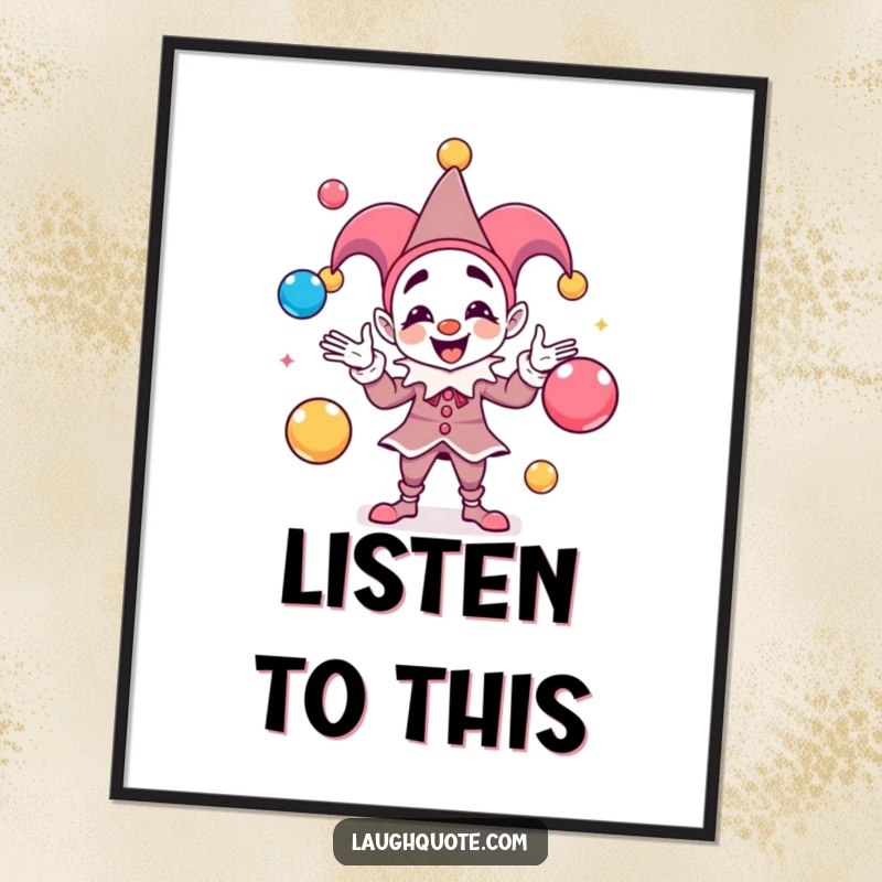 Funny Poster print of a jester juggling colorful sound balls, bringing lively energy and artistic flair.