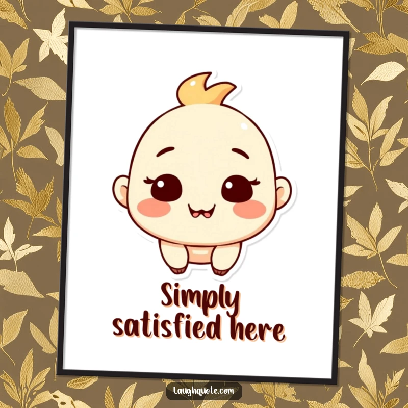 Funny poster illustrating a contented character with a satisfied expression and a subtle, happy chuckle.