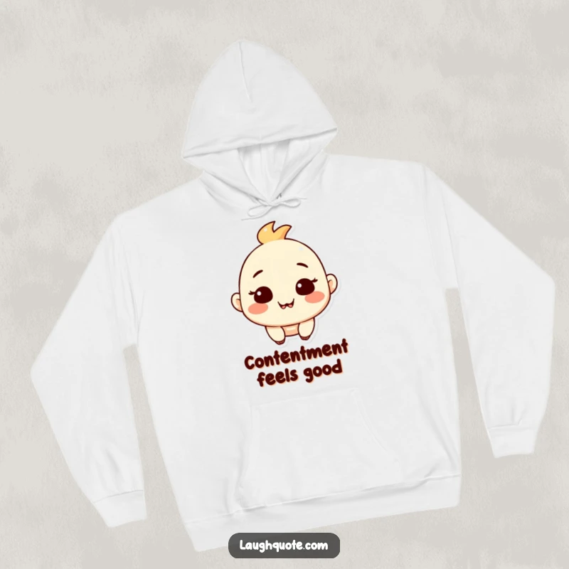 Funny hoodie showing a contented character with a serene, satisfied expression and a subtle, happy chuckle.