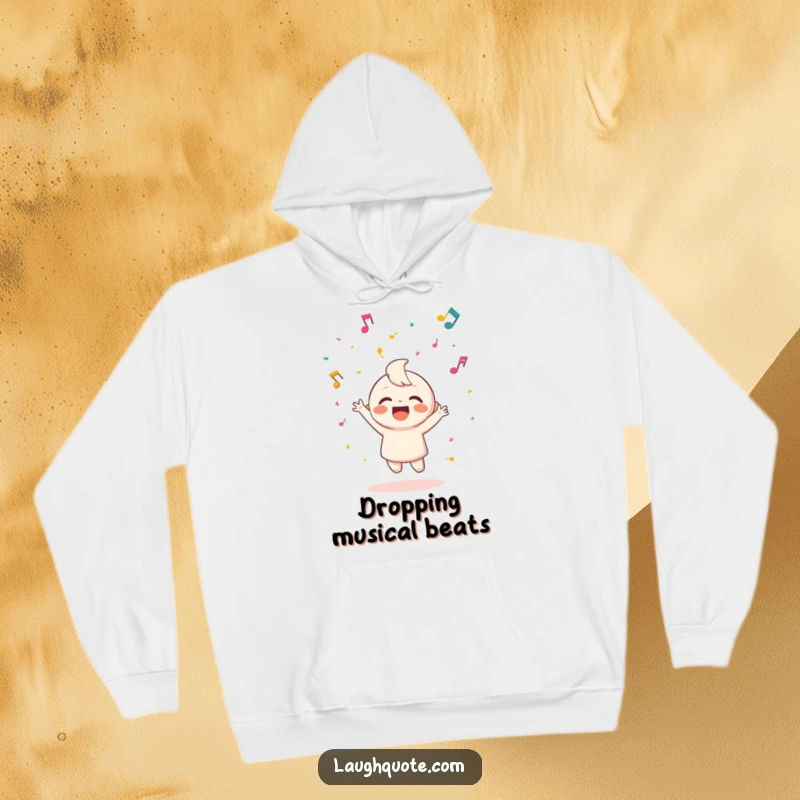 Funny hoodie showing a happy character joyfully tossing confetti made of musical notes, perfect for festive occasions.