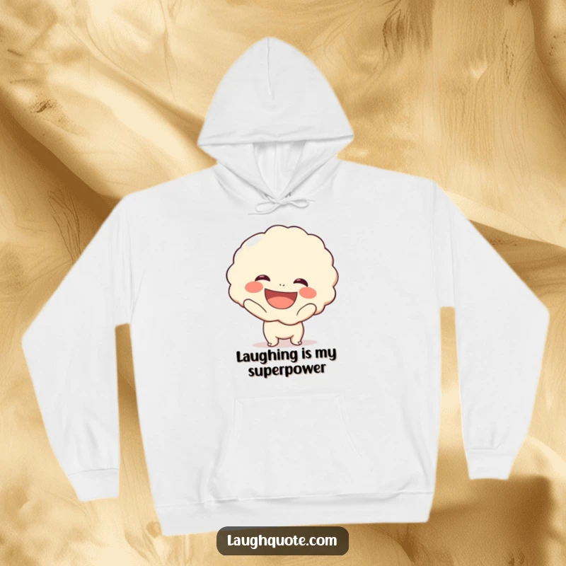 Funny hoodie showcasing a cute character with a wide smile, holding a large, exaggerated laugh bubble, symbolizing infectious joy and comfort.