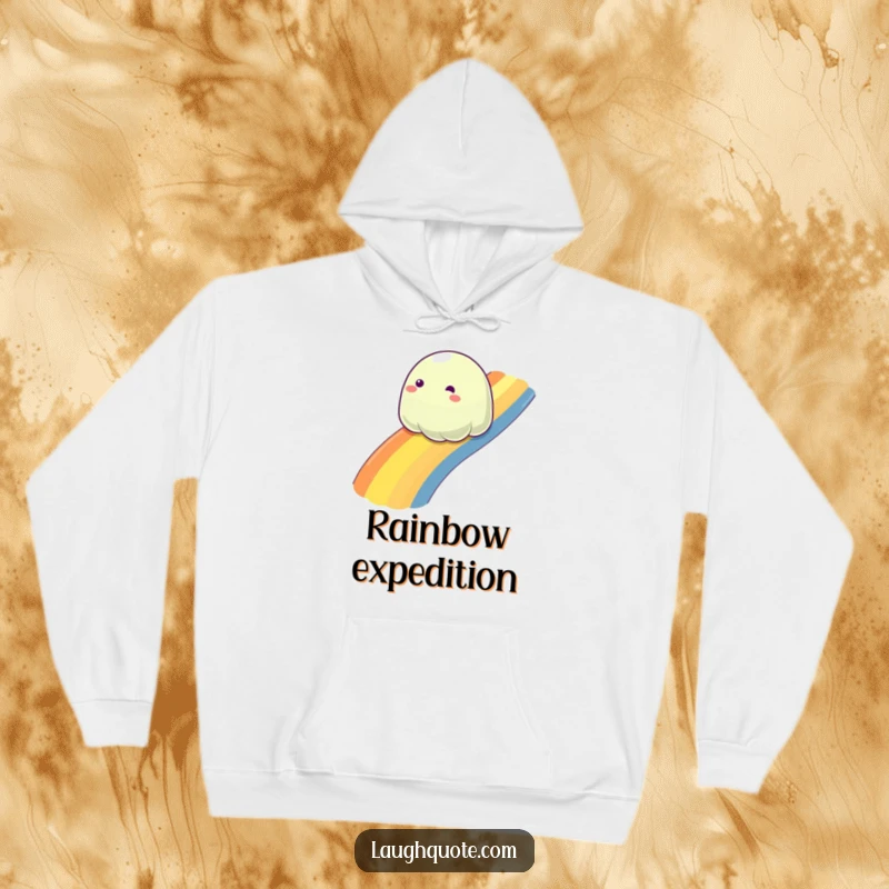 Funny sentient slime sliding down a rainbow, a cozy and humorous hoodie for ultimate comfort and joy.