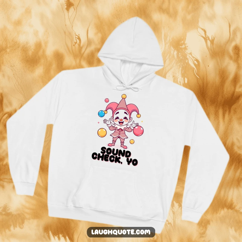 Funny Hoodie featuring a cheerful jester juggling colorful sound balls, perfect for staying warm and stylish.